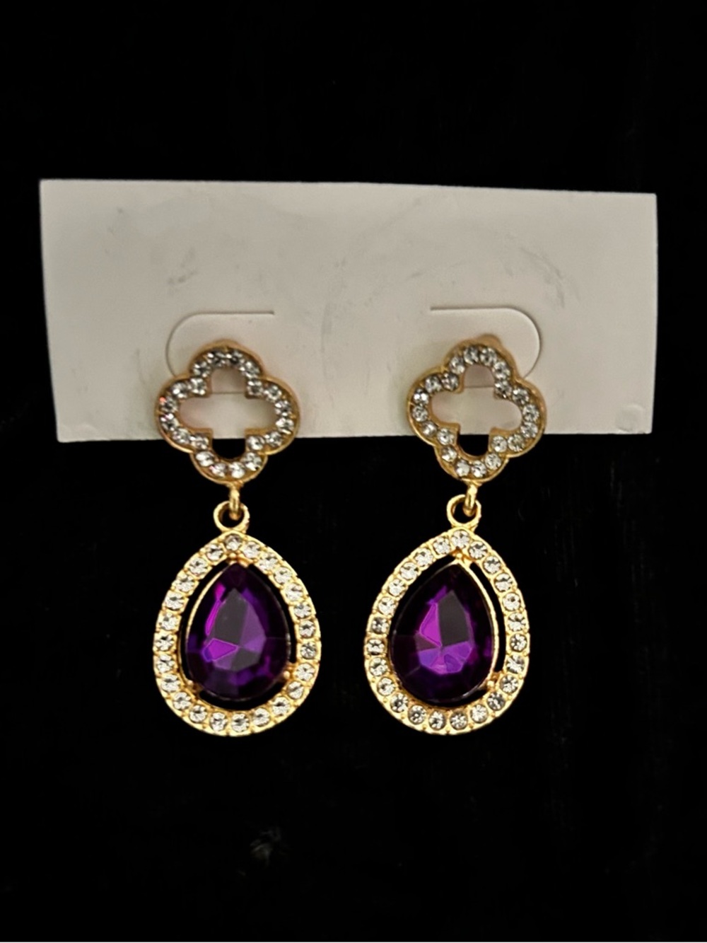 Gold-Tone Purple Teardrop Crystal Drop Earrings